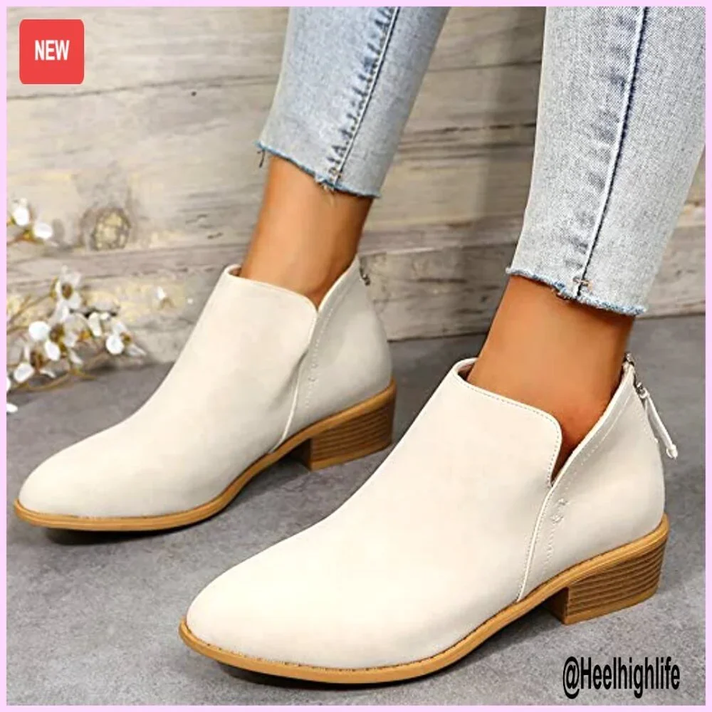 Women's Low Heel Ankle Booties Casual Dress Shoes V Cut Chunky Block Heel